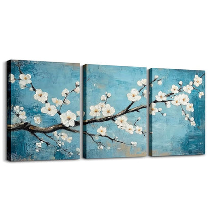 jejeloiu White Plum Blossom Canvas Wall Art for Living Room Bedroom 12"x16"x3pcs Teal Blue Picture Wall Decor for Bathroom Floral Flower Branches Office Decorations Artwork Posters Botanical Painting