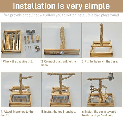 LIMIO Natural Wood Bird Toys Playground, Bird Cage Accessories, Bird Perches, with Removable Tray and 2 Stainless Steel Cups