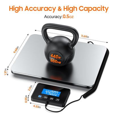 Shipping Scale, 440 LB Heavy Duty Postal Scale for Packages, Large Mailing Scale for Postage, Industrial, Small Business, Laundry, Warehouse, Stainless Steel Over Load Protection & Dual Powe