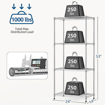 M MZG 1000 lbs 4Tier Shelf Metal Storage Shelves Wire Rack Closet Organizers with Wheel for Garage Kitchen Bathroom Laundry Chrome 13.7" D x 23.6" W x 53.4" H