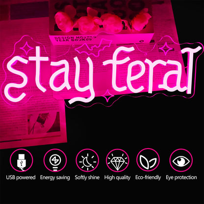 Stay Feral Neon Sign for Wall Decor Feral Led Sign Gothic Decor Dark Art Neon Light Signs Bat Light Up Sign for Bedroom Girl Goth Lover Halloween Decoration