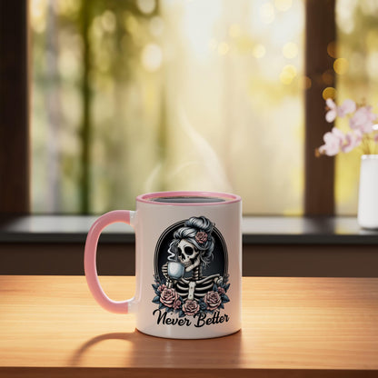 Never Better Messy Bun Skeleton Coffee Lover Halloween Funny Ceramic Mug, Pink/White
