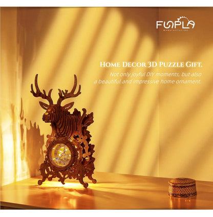 FUNPOLA LED 3D Wood Puzzle Deer Clock, 3D Wooden Puzzle Elk Clock Building Model, Home Décor 3D Wooden Puzzle for Adults/Teens Christmas Gift(Wood, Yellow Light)