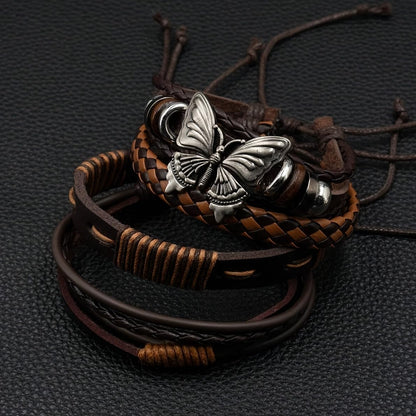Aijewelop 10pcs/set PU Leather Butterfly Bracelet Punk Cuff Wrap Bracelets for Men Women Adjustable Brown Perfect for Daily Wear, Gift-Giving,