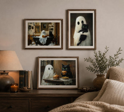 6Pcs Halloween Ghosts Wall Art Ghost Black Cat Funny Gothic Wall Decor Pictures Retro Horror Creepy Dark Academia Poster Prints for Bedroom Gallery Bar Home Decoration 8x10in Unframed
