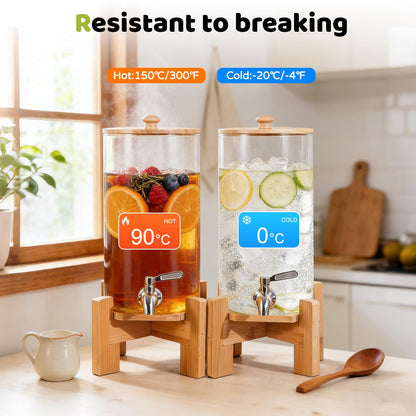 MOBYKE 2 PCS 1.1 Gallon Drink dispenser, Large Water Glass Beverage Dispenser With Wood Stand for Parties With Stainless Steel Spigot, Ideal for Lemonade,Juice, Tea, and Party Drinks