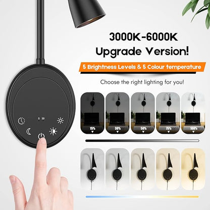 LED Wall Mount Reading Light, Bedside Reading Lights with Touch Control, 5 Dimmable, USB Output, Night Light & Timers, Flexible Gooseneck Headboard Bed Lights Wall Sconce