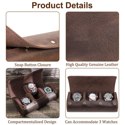 Acidea Genuine Leather Watch Roll Travel Case, Travel Watch Case for Men, Leather 3-Watches Roll Case for Bracelets, Portable Watch Storage Organizer with Removable Pillows