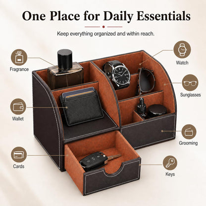 KINGFOM Cologne Organizer for Men, PU Leather Dresser Organizer with Drawer, Countertop Cologne Holder for Watch, Wallet, Keys, Sunglasses, Bathroom Bedroom Nightstand Organizer, Gifts for Men Brown