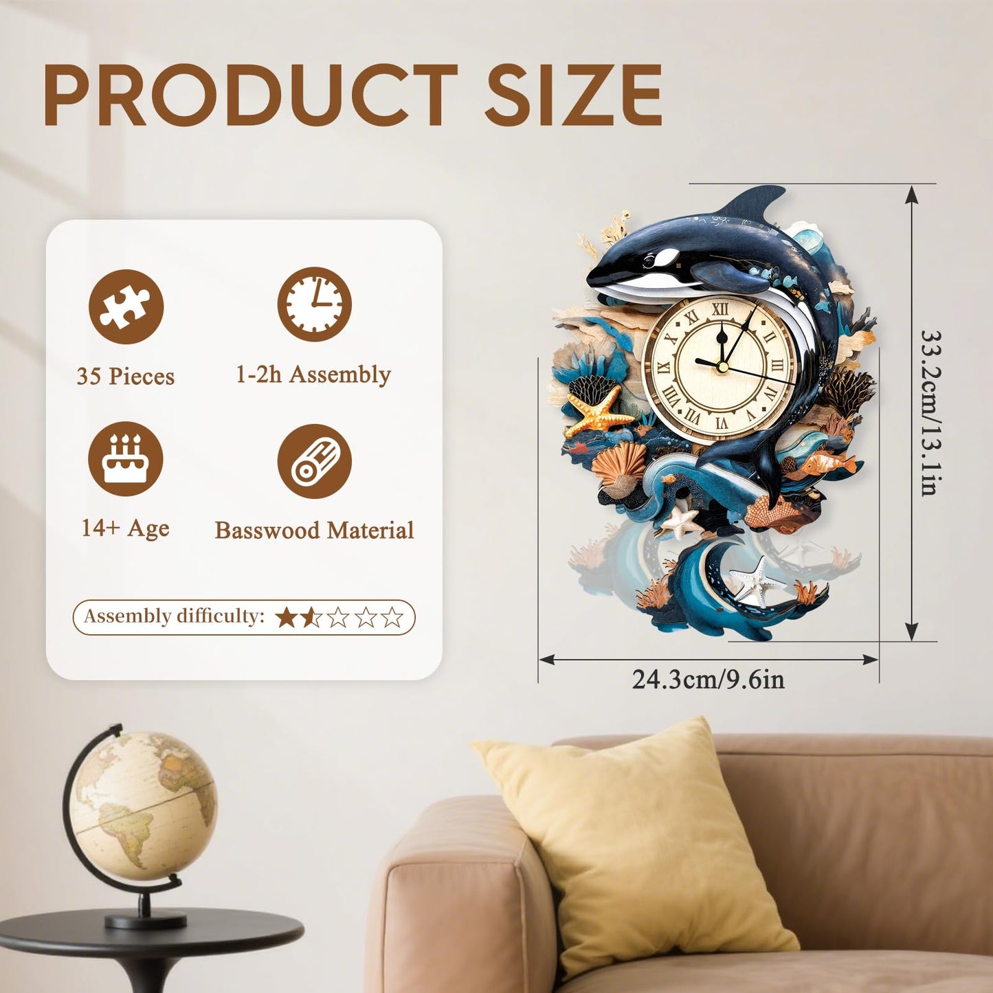 Cutywood 3D Puzzles for Adults Clock-Killer Whale Design Model Kit-Mechanical DIY Pendulum Clock with Roman Numerals-Desk Home Office Decor Personalized Gift for DIY Lovers
