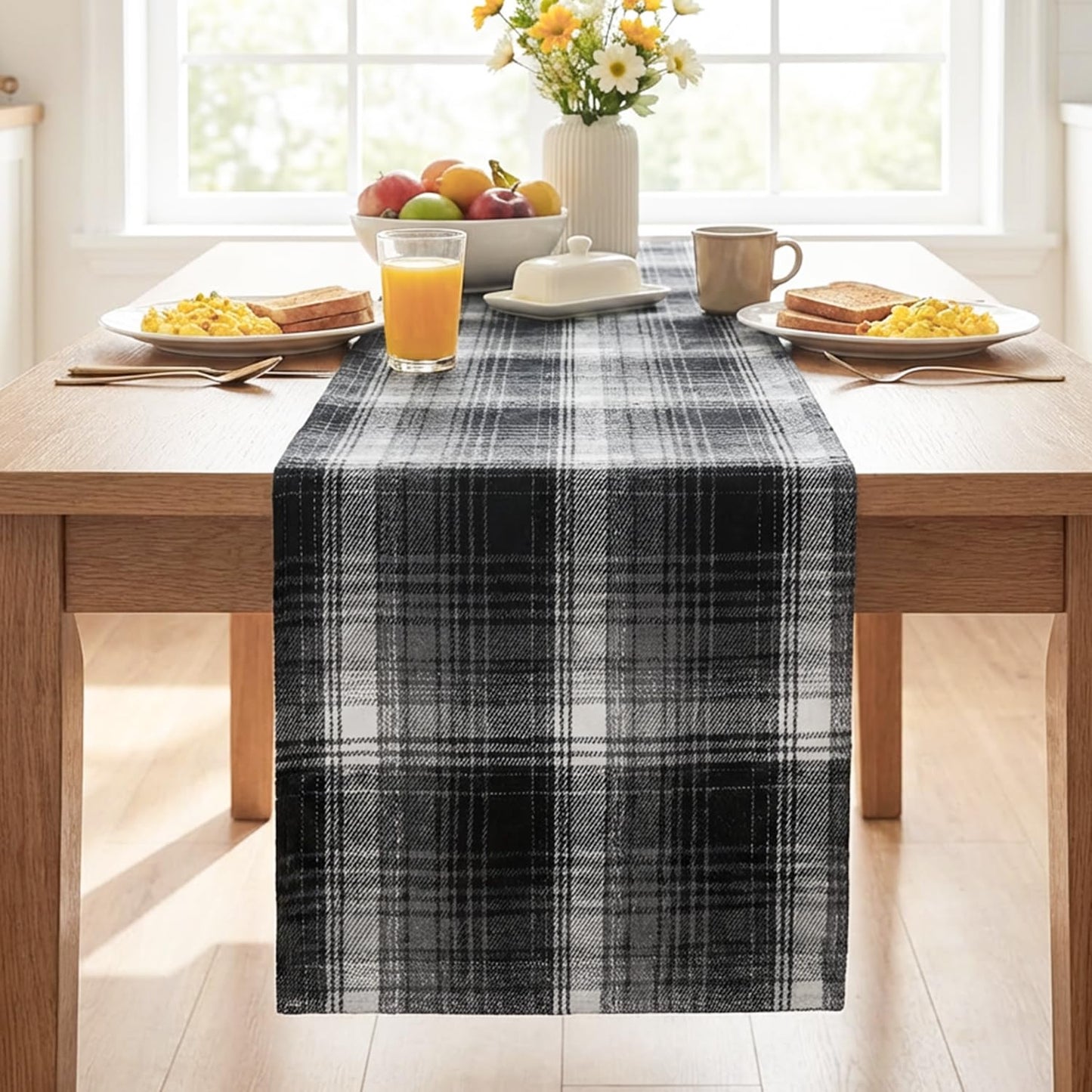 Artoid Mode Black Grey Farmhouse Plaid Table Runner, Halloween Rustic Holiday Check Kitchen Dining Table Decoration for Home Party Decor 13x90 Inch