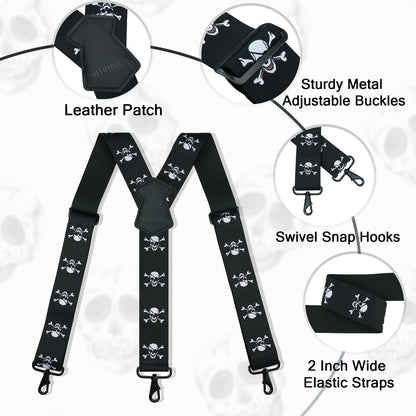 MELOTOUGH Suspender for Men 2 Inch Wide Y Back Adjustable Elastic Skull Suspenders with Swivel Hooks for Jeans