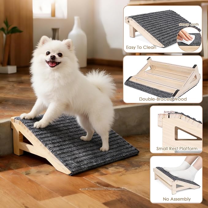 Dog Stairs Ramp for Small & Aged Dogs, Wooden Anti-Slip Pet Steps | 4.2"H, 26° Pet Ramp for Injured Pets, Premium Solid Wood, Anti-Slip Carpet Surface, Joint-Friendly,Dog Stairs for Small Dogs