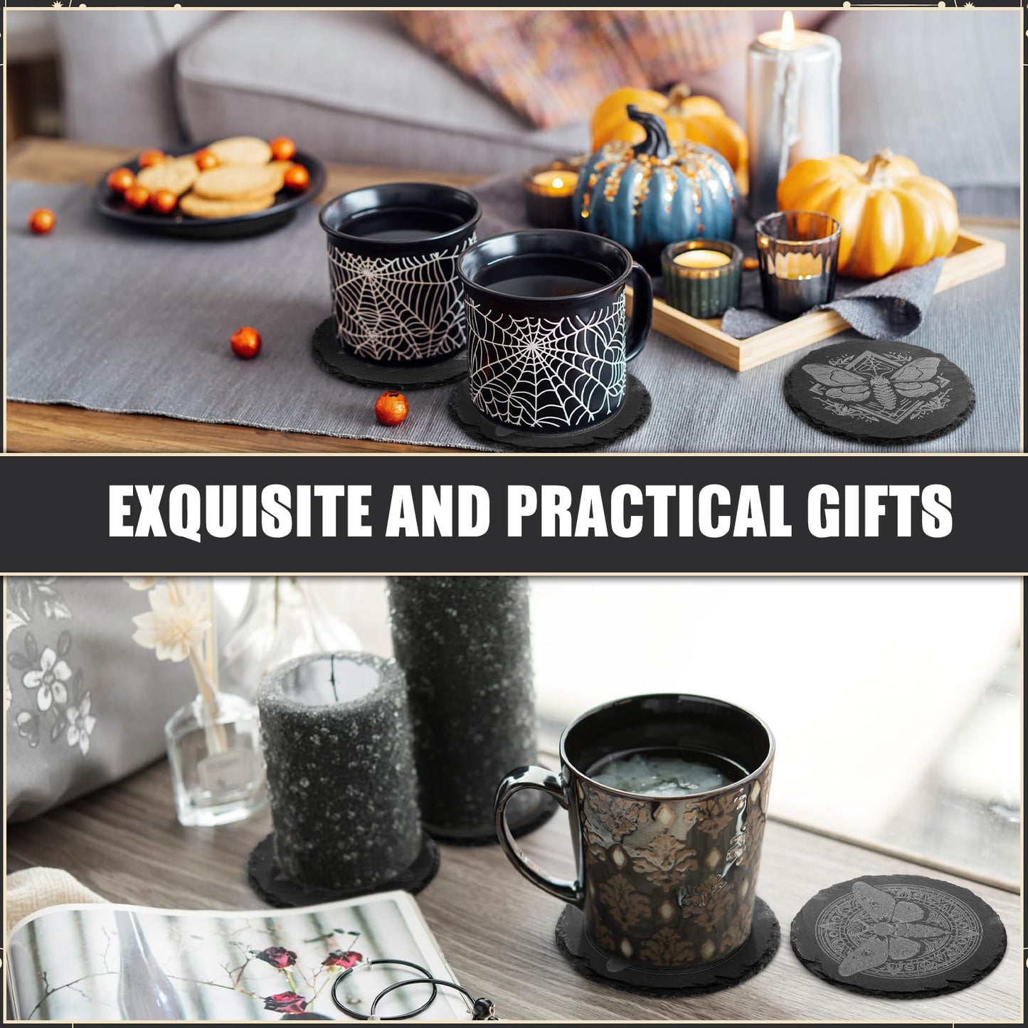 Hushee 4 Pcs Gothic Moth Slate Coasters Set, 4 Inch Laser Engraving Stone Black Round Coasters with Anti-Scratch Bottom and Storage Holder, Gothic Gift Home Decors for Kitchen Bar Office Dinner Table