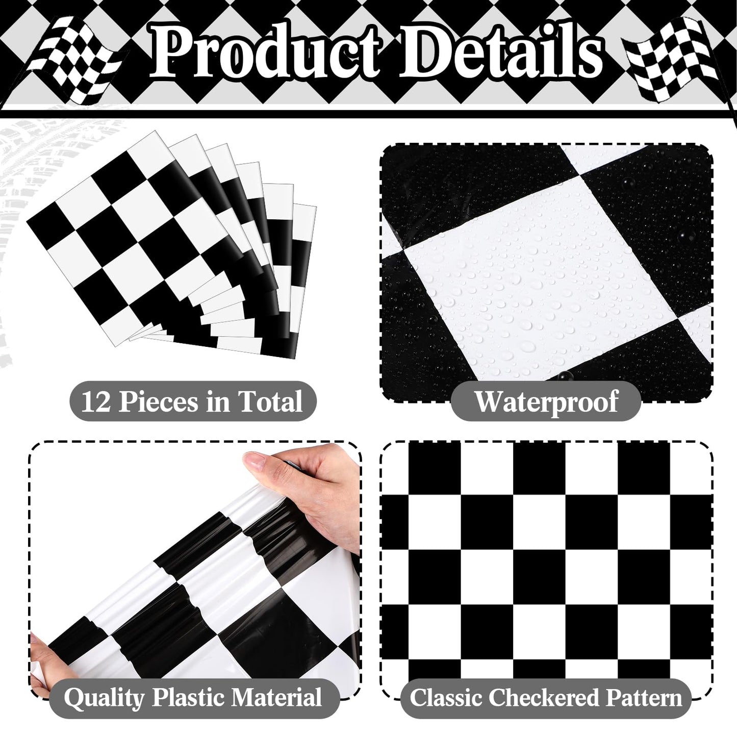 Preboun 12 Pcs Plastic Checkered Table Runner 14 x 108 Inch Racetrack Road Table Runner for Two Fast Car Theme Birthday Racing Party Decor Events Supplies (Black White Checkered)