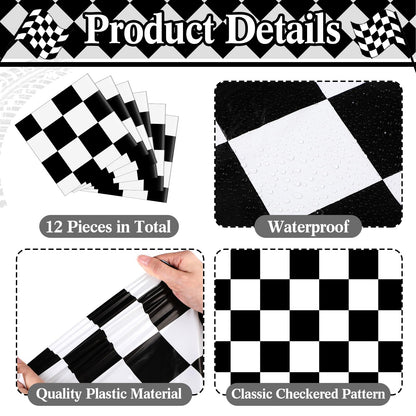 Preboun 12 Pcs Plastic Checkered Table Runner 14 x 108 Inch Racetrack Road Table Runner for Two Fast Car Theme Birthday Racing Party Decor Events Supplies (Black White Checkered)