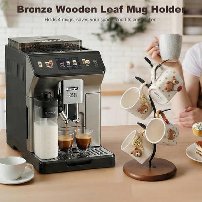 Noeixrah Mug Tree Holder, Bronze Metal Leaf Branch & Solid Wood Base Mug Holders, Countertop Coffee Mug Trees Organizer for Kitchen, 4 Hooks, Sleek Modern Decor for Coffee Station