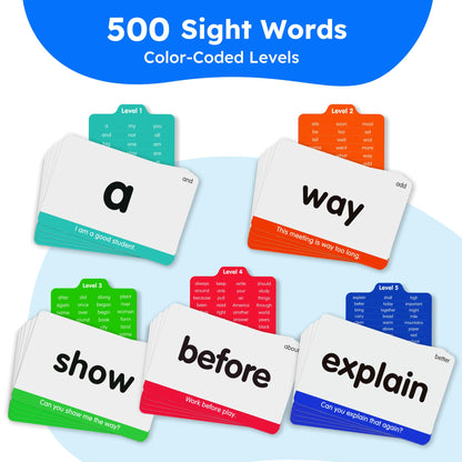BenBen Sight Words & Phonics Flash Cards, 500 Sight Words & 800+ Words, Learn to Read CVC, Blends, Long Vowels, Dolch & Fry High Frequency Words for Pre-k Kindergarten 1st 2nd 3rd Grade Kids Ages 3-9