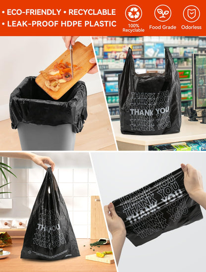 UMT Plastar 300 Count Thank You Bags, 12 x 6 x 22 in, 15 Mic Black Grocery Bags