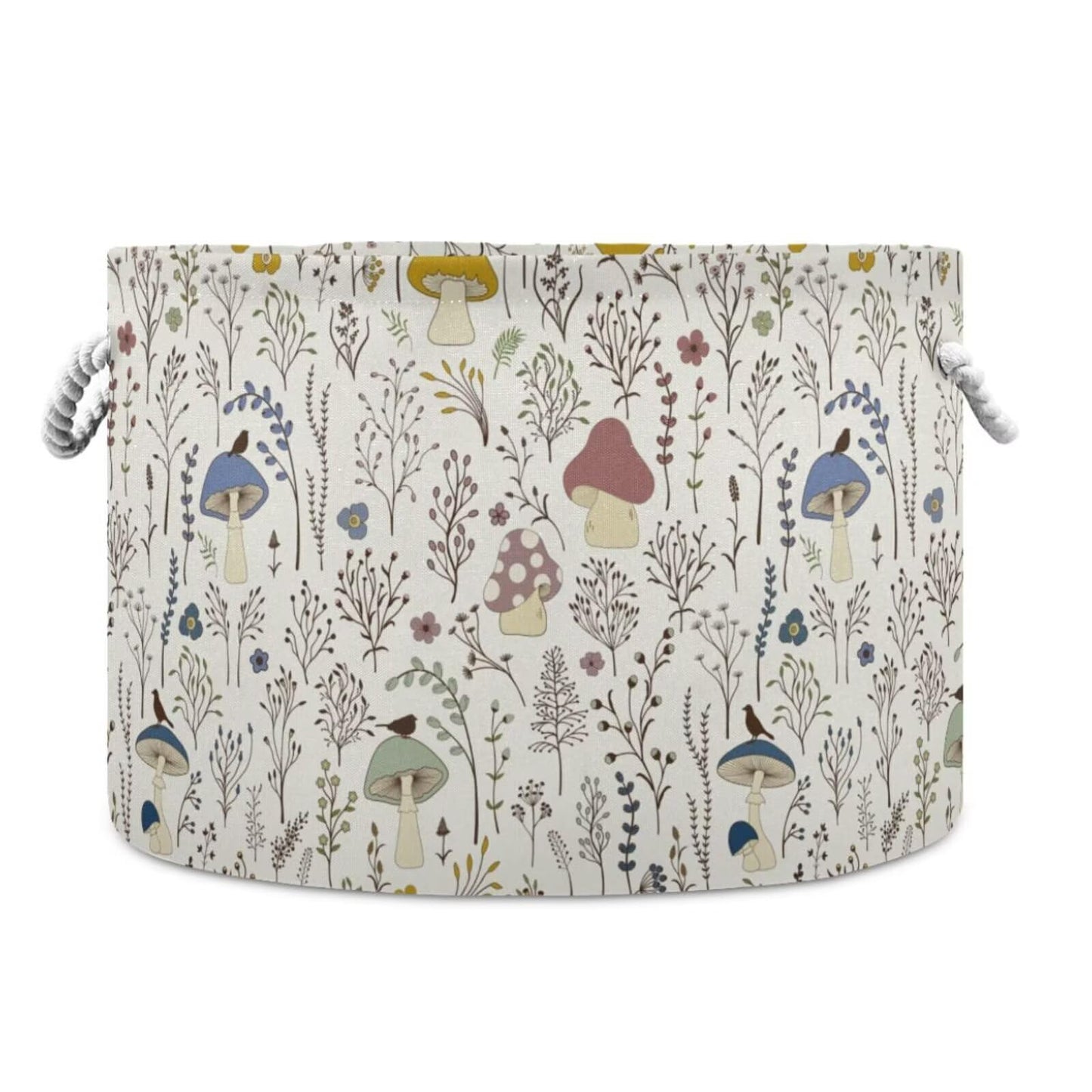 Retro Mushroom Print Round Storage Basket Mushroom Wild Plant Large Laundry Hamper 20 x 20 x 14 Inches Organizer Bin with Cotton Rope Handles Clothes Storage Bag for Nursery Bedroom Living Room Decor