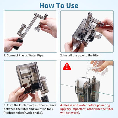 Small Fish Tank Filter for 3-5 Gallon Aquarium, USB Powered Quiet Hang On Back Filter with Upgraded 3-Stage Filtration System (Sponge & Quartz Balls), Adjustable Flow & Extra Media Set Included
