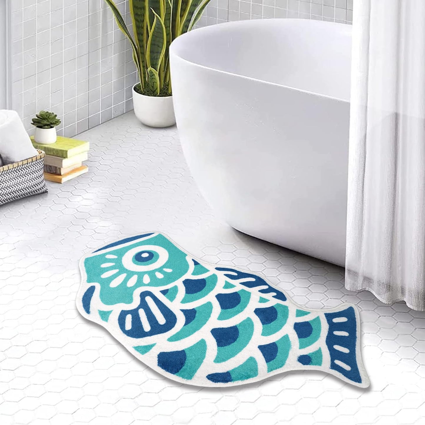 Kitcmat Cute Fish Bath Mat Non-Slip Absorbent Bathroom Rug in Japanese Koi Flag Shape Funky Soft Washable Bath Mat for Bathroom, Shower, Room 17.7"x33.5", Cyan