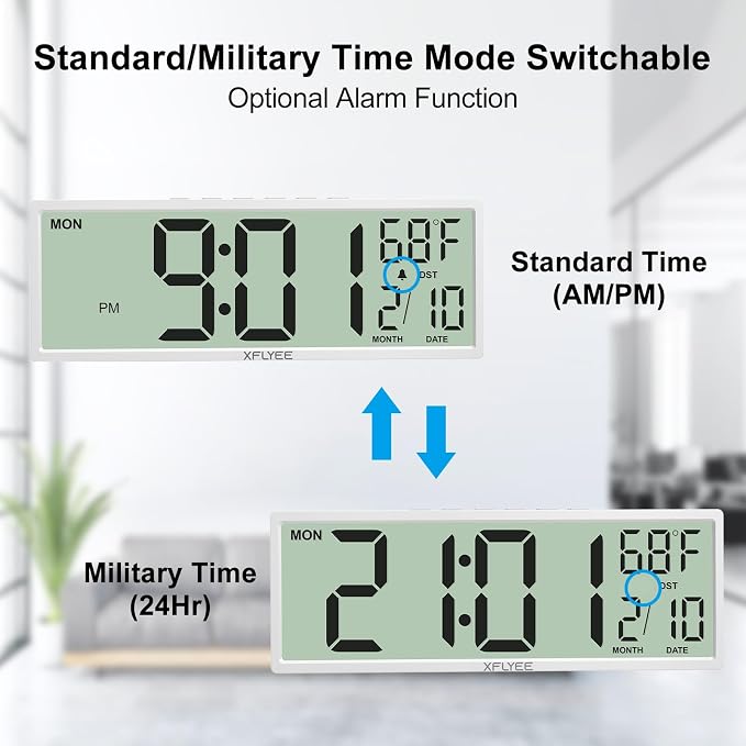 14.5'' Large Digital Wall Clock Battery Operated with Jumbo Numbers, Auto DST, Day, Date, Alarm, Temperature for Living Room, Bedroom, Desk Decor, Gift, LCD Screen Display Easy to Read and Set