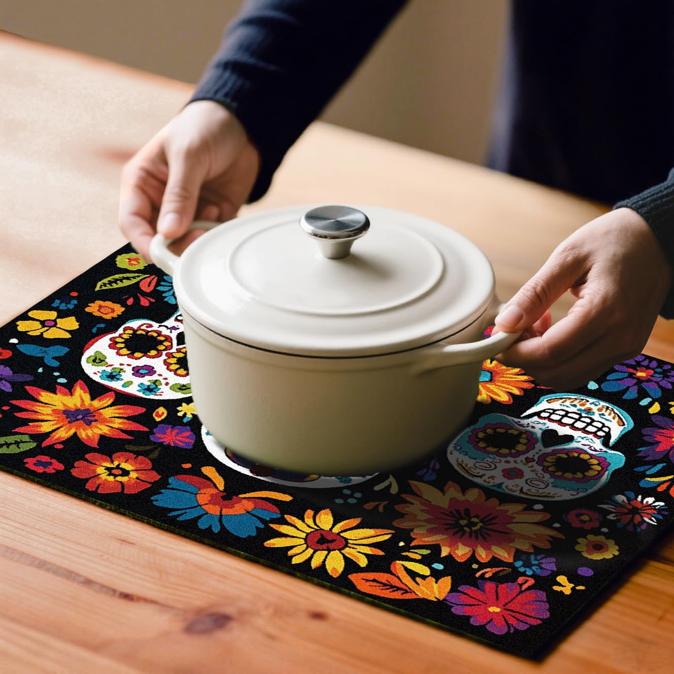 Flowers Skull Placemats Set of 4,Halloween Sugar Skulls Table Mats Mexican Day of The Dead Skeleton Place Mats Linen Heat Resistant Placemats Party Dining Decoration Kitchen