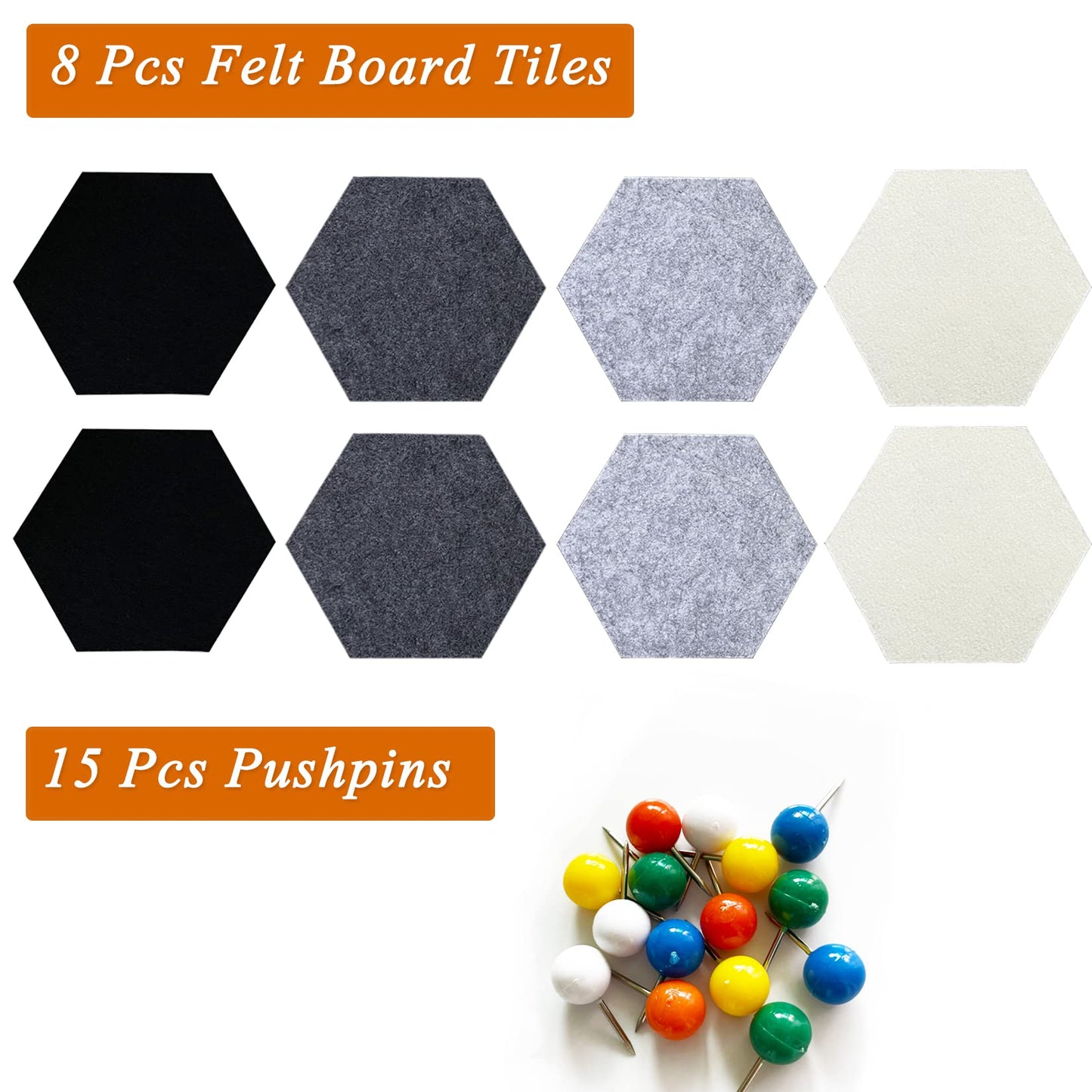HULAVO 8Pcs Hexagon Felt Cork Board Tiles, Self Adhesive DIY Bulletin Board Pin Board for Office School Home Wall Decor Stickers Memos Photos Display (Gradual Grey)