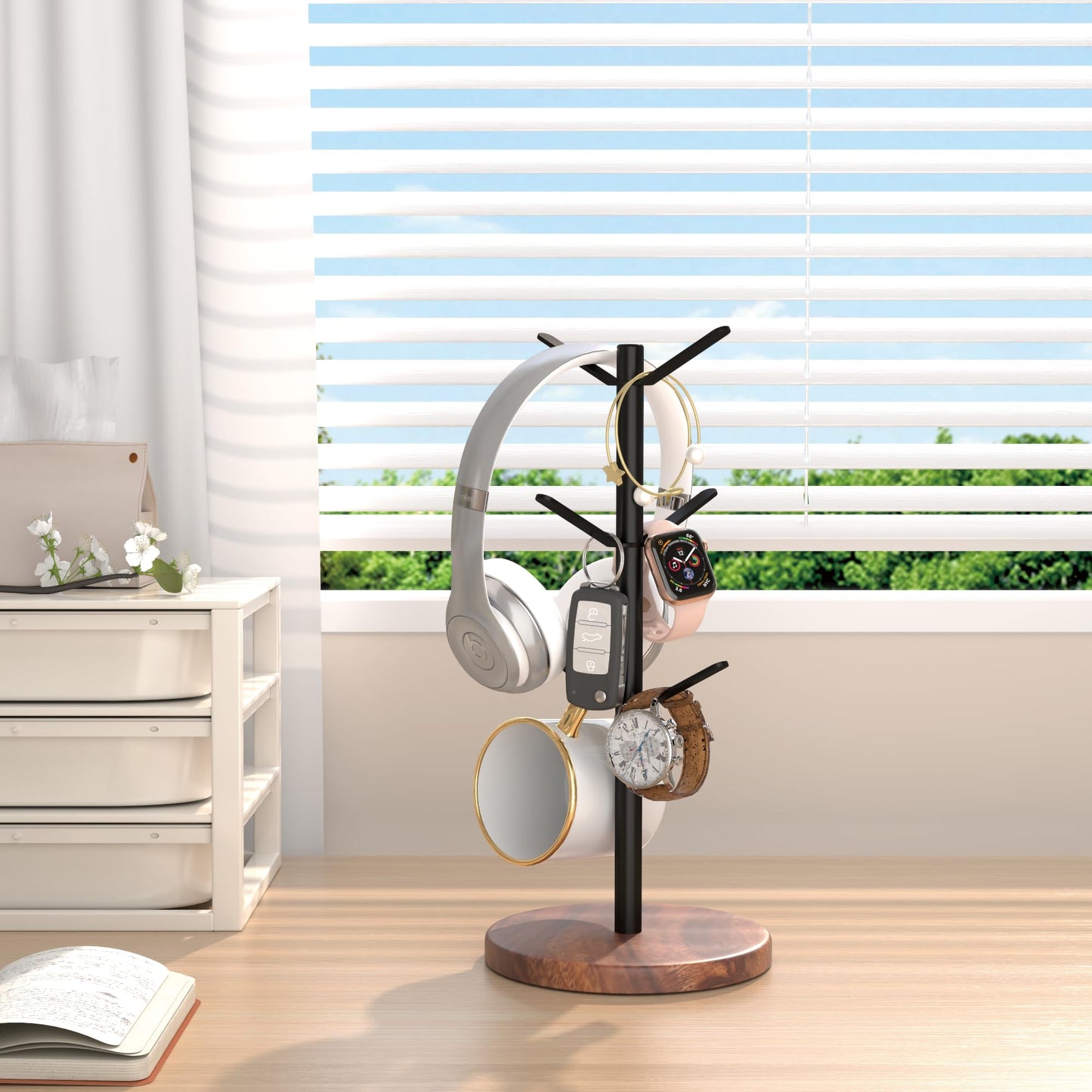 Aomomery Coffee Mug Tree Holder Countertop, Non-Slip Walnut Wood Mug Rack with 6 Hooks, Coffee Cup Rack for Home Storage and Organizer (Brown)