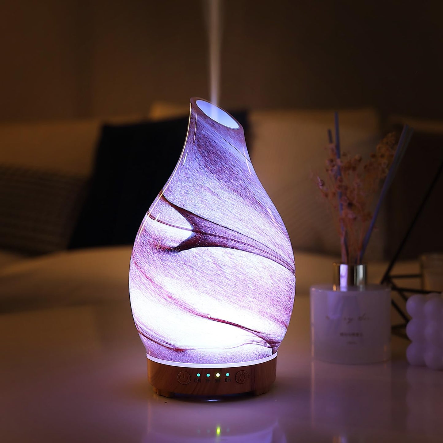 Essential Oil Diffuser Hand Blown Glass Aromatherapy Diffuser - Ultrasonic Cool Mist Scent Aroma Diffuser, Whisper Quiet with Auto Shut-Off, Timer Setting &7 Colors Night Light for Home
