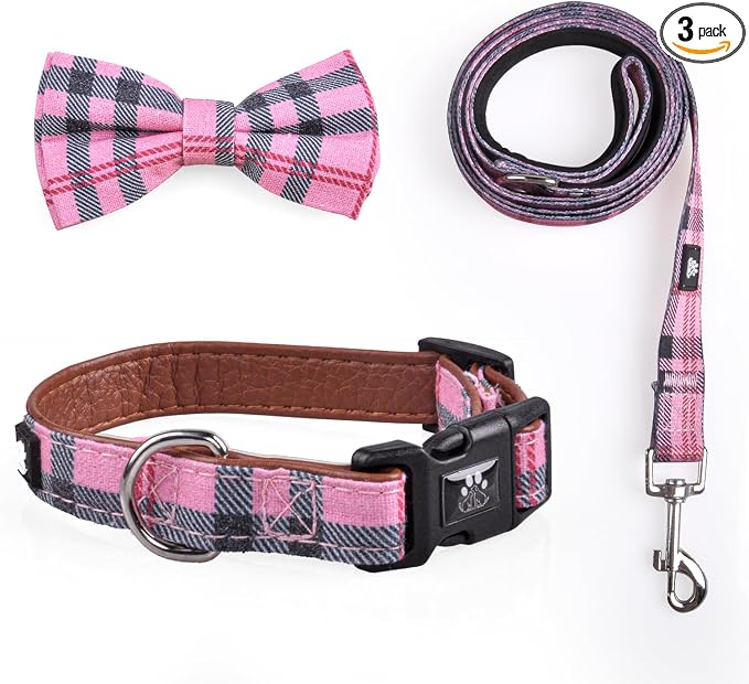 IVY&LANE Dog Collar with Bowtie and Leash Set | Plaid Adjustable Dog Collar | Detachable Bow Tie |5 FT Dog Leash | for Small Medium Large Dogs | Checkered Pink | X-Small
