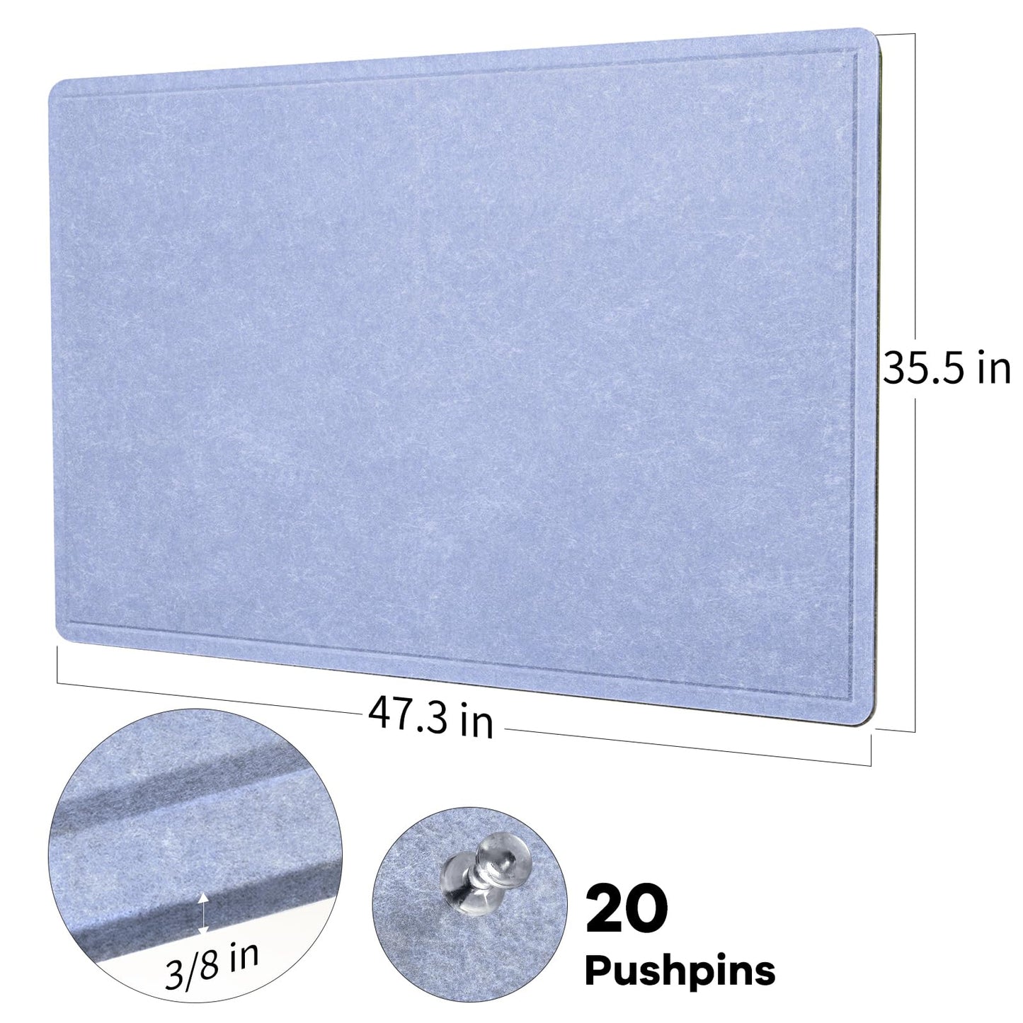 Large Bulletin Board - 48 x 36 Inches, Decorative Felt Pin Board for Wall - 4' x 3' Foldable Photo Display Board with Self-Adhesive Tape, Includes 20 Push Pins - Lavender Blue