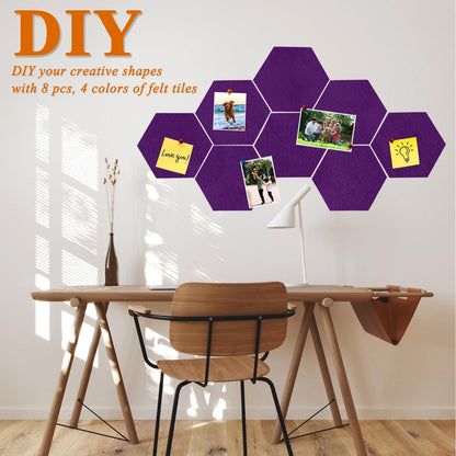 HULAVO 8 Pcs Hexagon Felt Cork Bulletin Board Tiles, Self Adhesive DIY Bulletin Board Pin Board for Office School Home Wall Decor Memos Photos Display(Purple)
