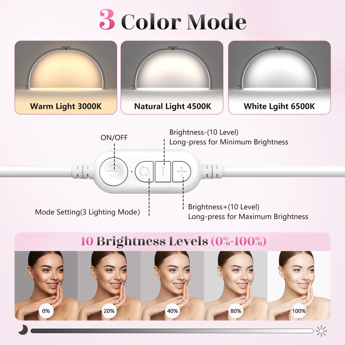 Yokilly Half Moon Nail Desk Lamp - 23in Foldable with Phone Holder, 3 Color Modes, 10 Brightness Levels, Small, Crystal Diamond
