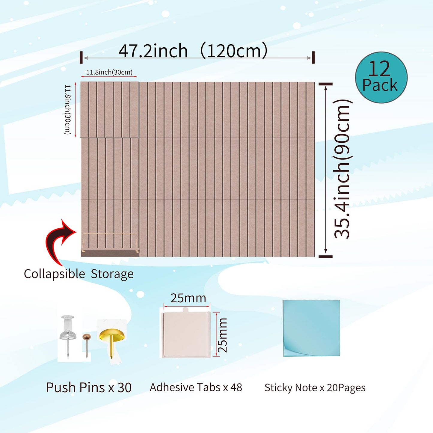 12 Pack Bulletin Boards 48" x 36" Alternative Cork Board for Office,Built-in Storage Device，Large Cork Boards for Walls ， Felt Wall Tiles, Contains Removable Security Stickers and PushPins (V-Beige)
