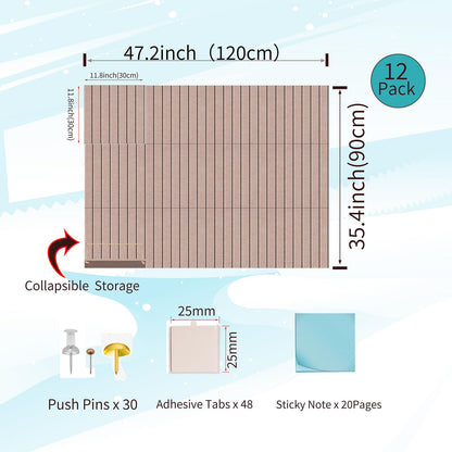 12 Pack Bulletin Boards 48" x 36" Alternative Cork Board for Office,Built-in Storage Device，Large Cork Boards for Walls ， Felt Wall Tiles, Contains Removable Security Stickers and PushPins (V-Beige)