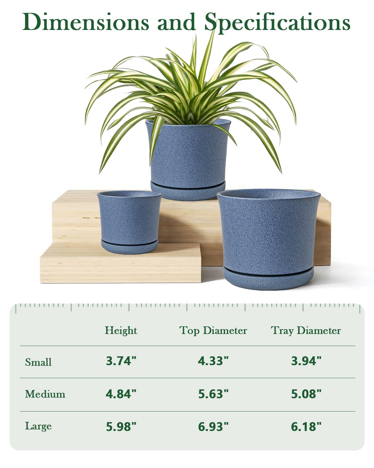 Avyra Velen Plant Pots Set of 3 with Drainage Hole and Saucer for Plants, 4.3+5.5+7 Inch Ceramic Planter for Indoor House Plant, Modern Home Decor, Blue