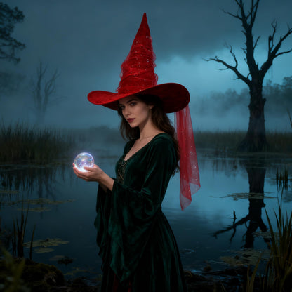 UQJE Women's Red Witch Hat Adult Mesh Witches Hat Halloween Costume-18in