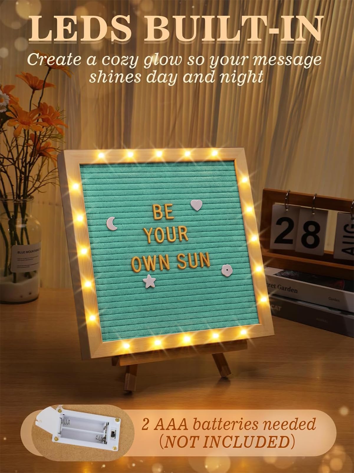 Changeable Felt Letter Board with LED Lights - 10×10" Message Custom Signs & Wood Stand & 450 Letters, Poster Board for Baby/Pregnancy Announcement/Classroom Wall Decor Gifts First Day of School, Blue