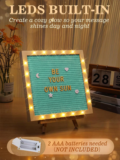 Changeable Felt Letter Board with LED Lights - 10×10" Message Custom Signs & Wood Stand & 450 Letters, Poster Board for Baby/Pregnancy Announcement/Classroom Wall Decor Gifts First Day of School, Blue