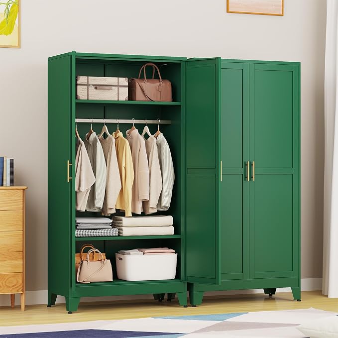 Metal Wardrobe Storage Cabinet with Hanging Rod,71'' Metal Clothing Cabinet with 2 Doors and 2 Adjustable Shelves for Bedroom, Laundry Room, Cloak Room (2 Doors-71'', Green)