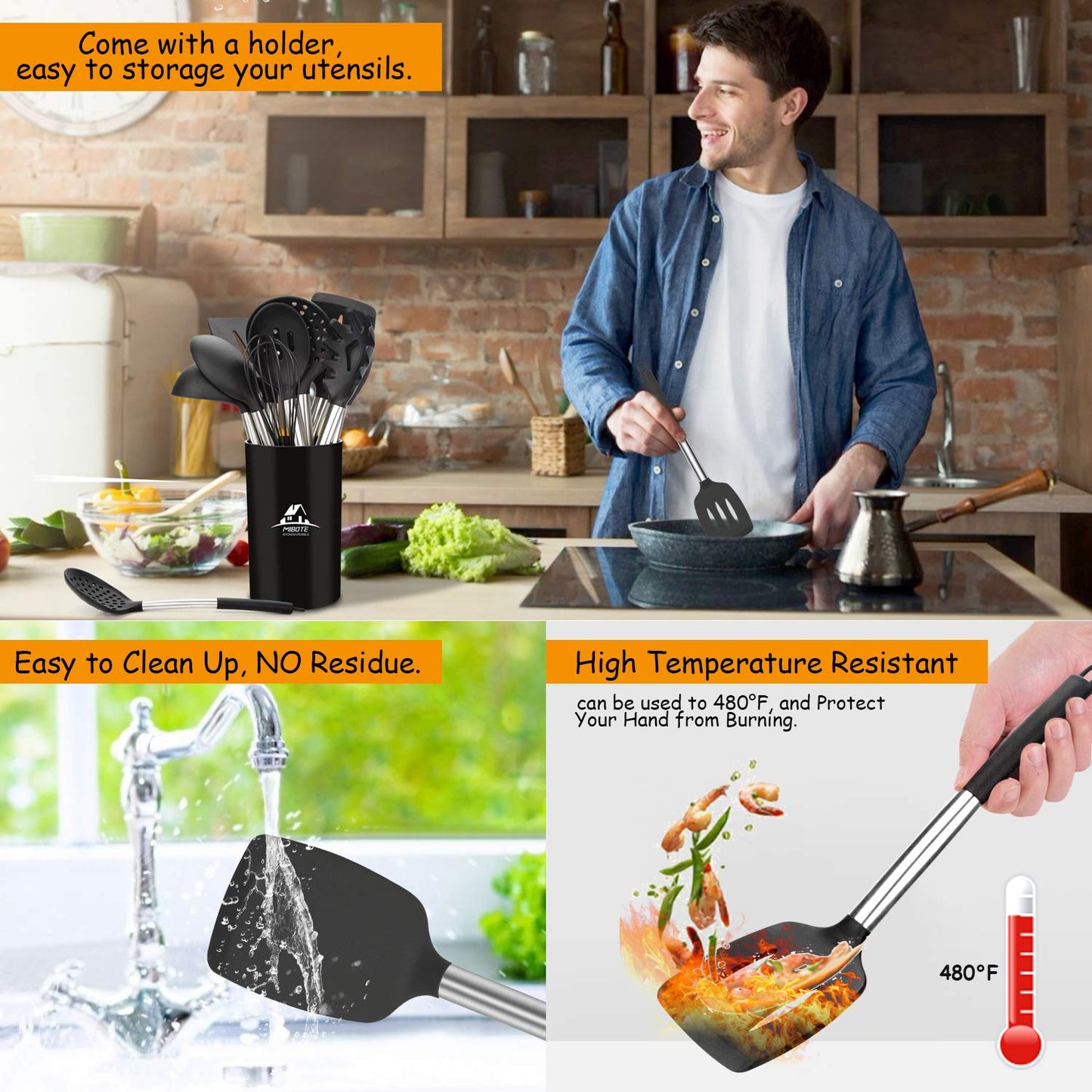 MIBOTE Silicone Kitchen Utensils Set, Cooking Utensils Set with Heat Resistant BPA-Free Silicone and Stainless Steel Handle Kitchen Tools Set (Black)