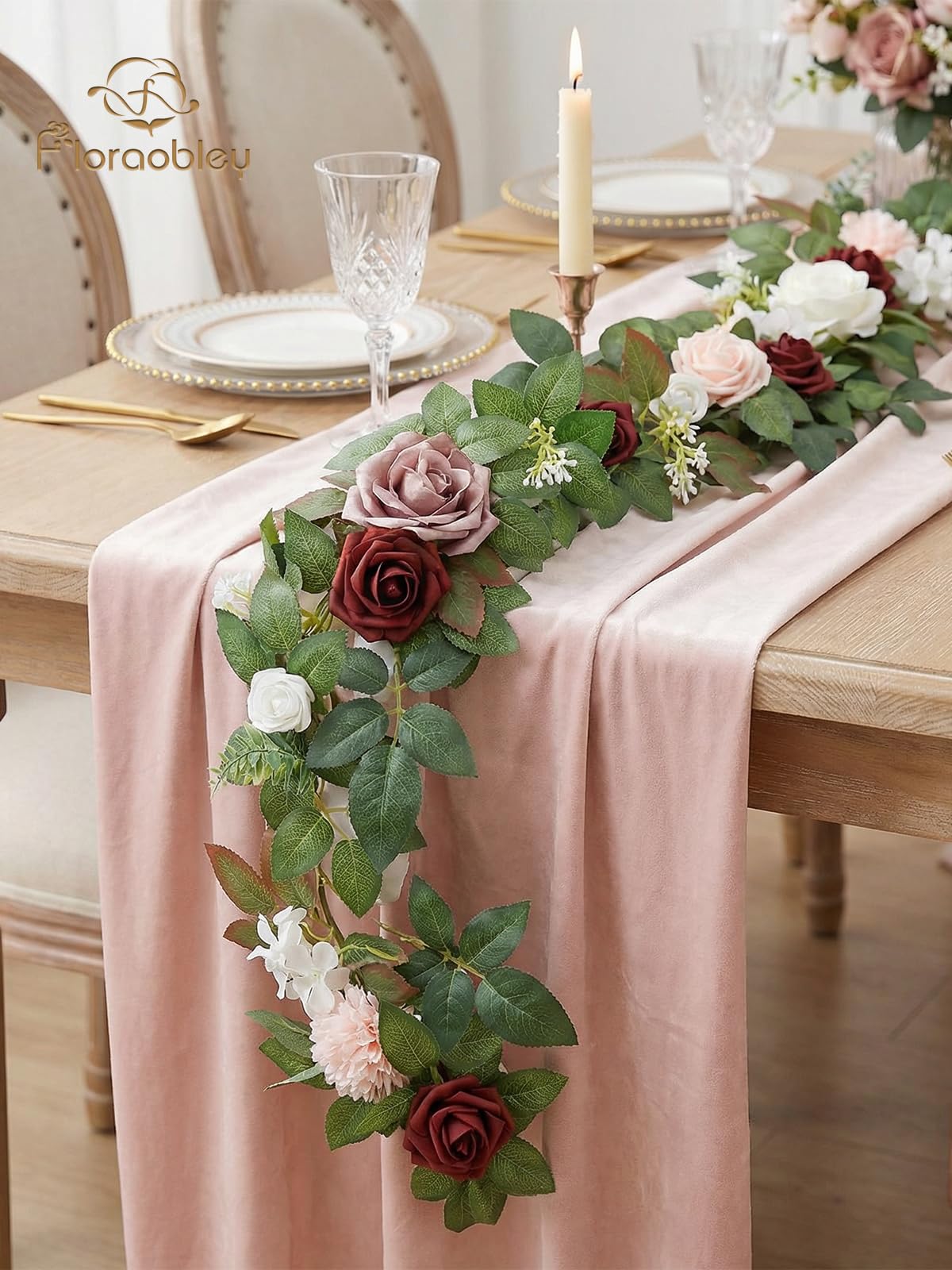 Floraobley 5.5FT Artificial Flower Garland Burgundy Rose & Greenery for Wedding Arch Backdrop Table Centerpiece Mantel Decor, with 3D Butterflies & Decorative Accessories