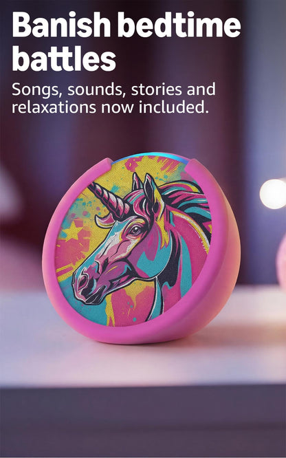 Amazon Echo Pop Kids (newest model), Enjoy age-appropriate audiobooks, interactive games and Alexa+ experiences to create and learn, Unicorn design