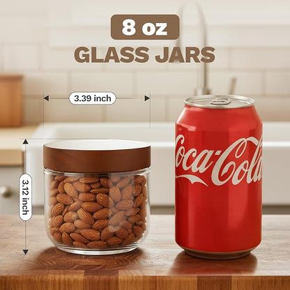 Bumobum 8 oz Glass Mason Jars with Lids, Small Glass Container with Acacia Wood Airtight Lid, Wide Mouth Canisters for Chia Pudding Loose Tea Coffee Salad Snacks Yogurt Spice, 6-Pack