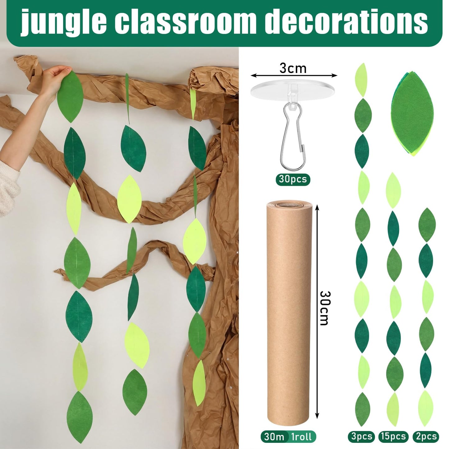 Suncalla Classroom Tree Bulletin Board Set DIY 3D Classroom Ceiling Wall Decor with Kraft Paper & Mounted Traceless Hooks for Jungle Safari Hawaiian Luau Party Supplies(Palm Leaves)