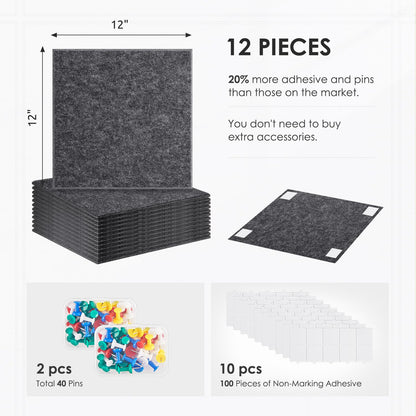 Large Cork Board for Walls 48"x36" |Cork Board Alternative| 12 Pack Felt Wall Tiles| Dark Gray Bulletin Board with Removable Adhesive | Cork Boards Pinboard for Office Home Classroom，Dark Gray