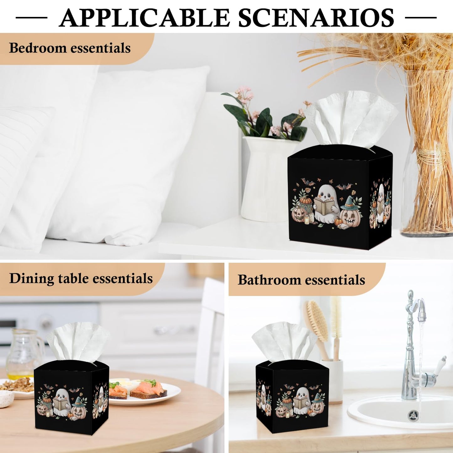 Ghost Pumpkin Tissue Box Covers Square, Leather Tissue Holders Decorative for Home Office Bathroom Organizer, Square Facial Paper Organizer Halloween Home Decor -005