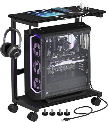 Snughome Computer Tower Stand with Charge Station, 25.0"-32.1" Height Ajustable PC Tower Stand for Floor, Mobile CPU Holder Cart for Carpet with Hooks, PC Cart for Gaming Office Home